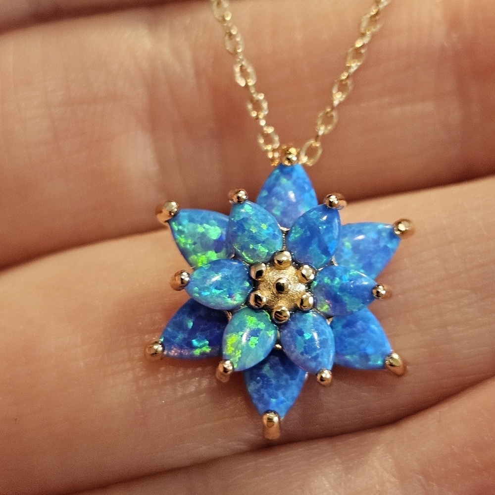 Sterling 925 Silver Lotus Necklace - Colorful Opal Inlaid, Exquisite - Picture 1 of 9